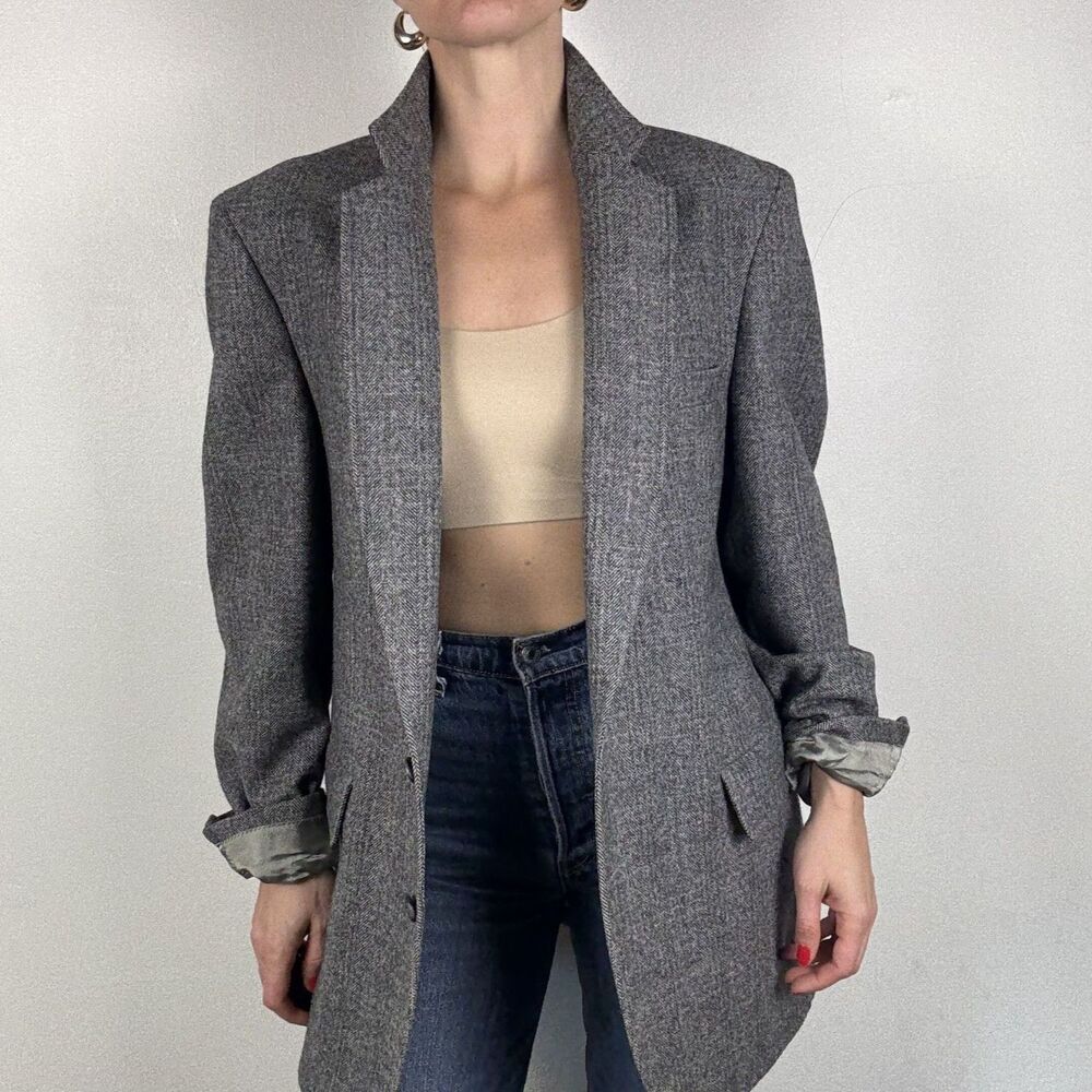 Vintage Oversized Wool Tweed Blazer Windowpane Herringbone | Preppy Academia